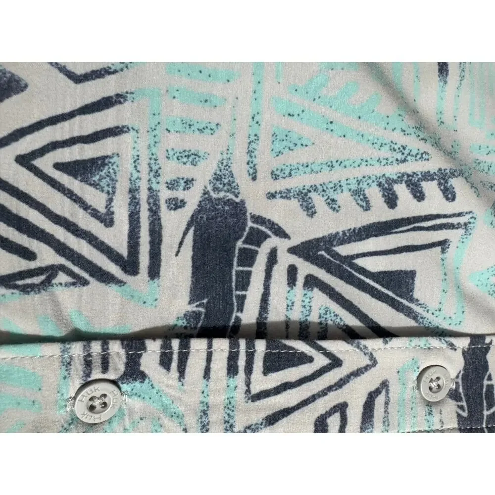 Huk White Blue Swordfish Stretch Button Up Shirt 2XL